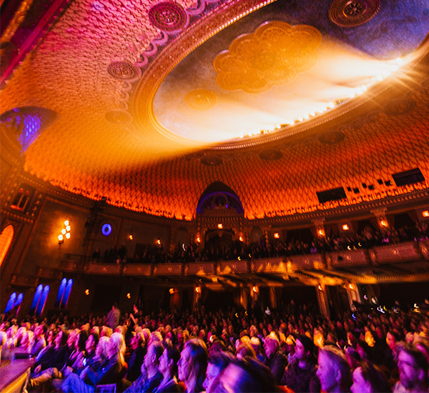 A large crowd attends a performance at the Tennessee Theatre at the Big Ears Festival.