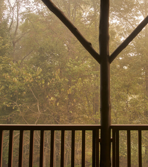 The forest view from a covered cabin porch, showing a vertical log beam on the right and a wooden railing across the bottom.