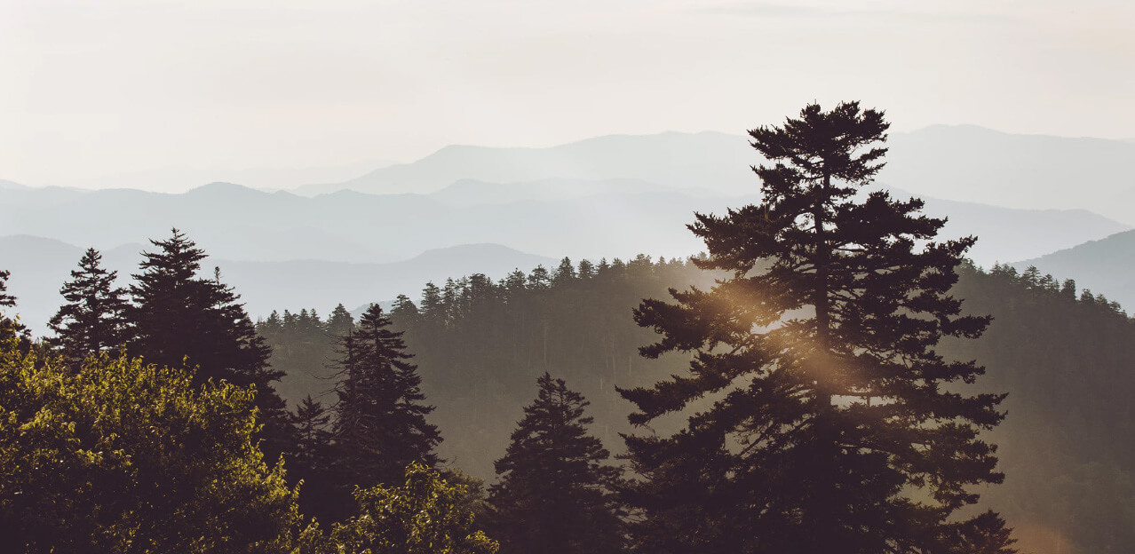 A beam of light shines in front of a tree-lined ridge. In the background the ridge lines of the Great Smoky Mountains fade into the distance in soft blue hues.