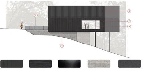 Rendering of a studio building, showing the proposed exterior materials, and how it will be built on a hill. 